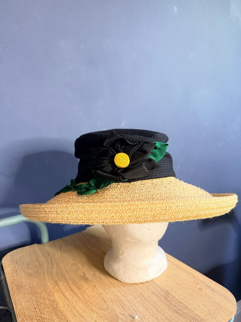 Vintage "Deborah Rose" Wide Brim Straw Hat Flower Garden Party Tea Party Derby